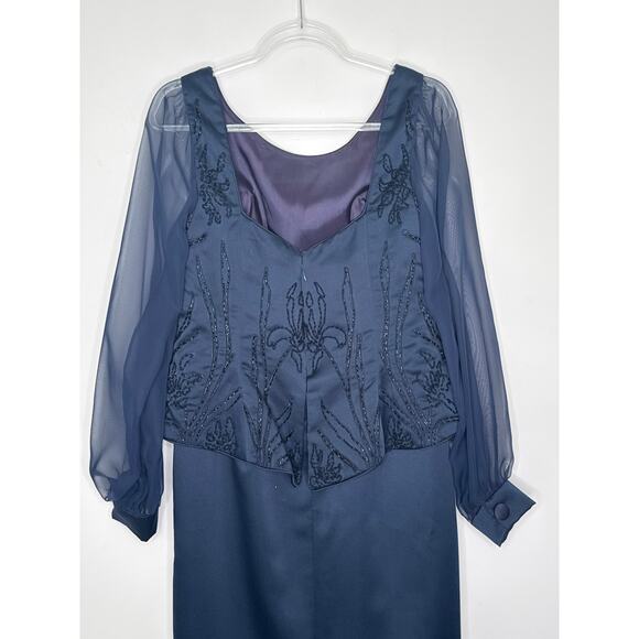 1990s Eve of Milady Navy Beaded Evening Dress with Sheer Sleeves M - L - Picture 11 of 14